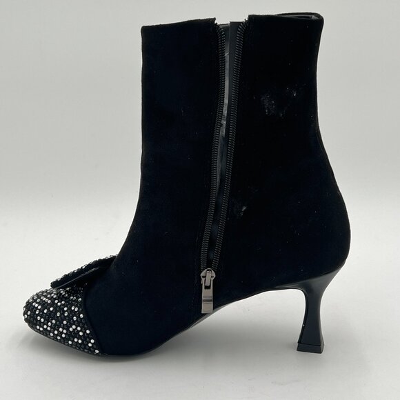 XYD Black Bling Rhinestones Buckle Mid Heel Ankle Bootie Square Toe Fashion Shoe - Picture 2 of 6